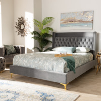 Baxton Studio BBT6740-Dark Grey-King Valery Modern and Contemporary Dark Gray Velvet Fabric Upholstered King Size Platform Bed with Gold-Finished Legs